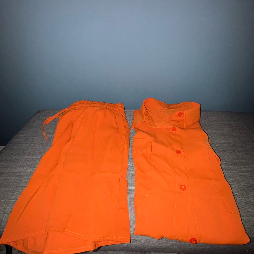 Bright Orange Button-Up Shirt and Shorts Set